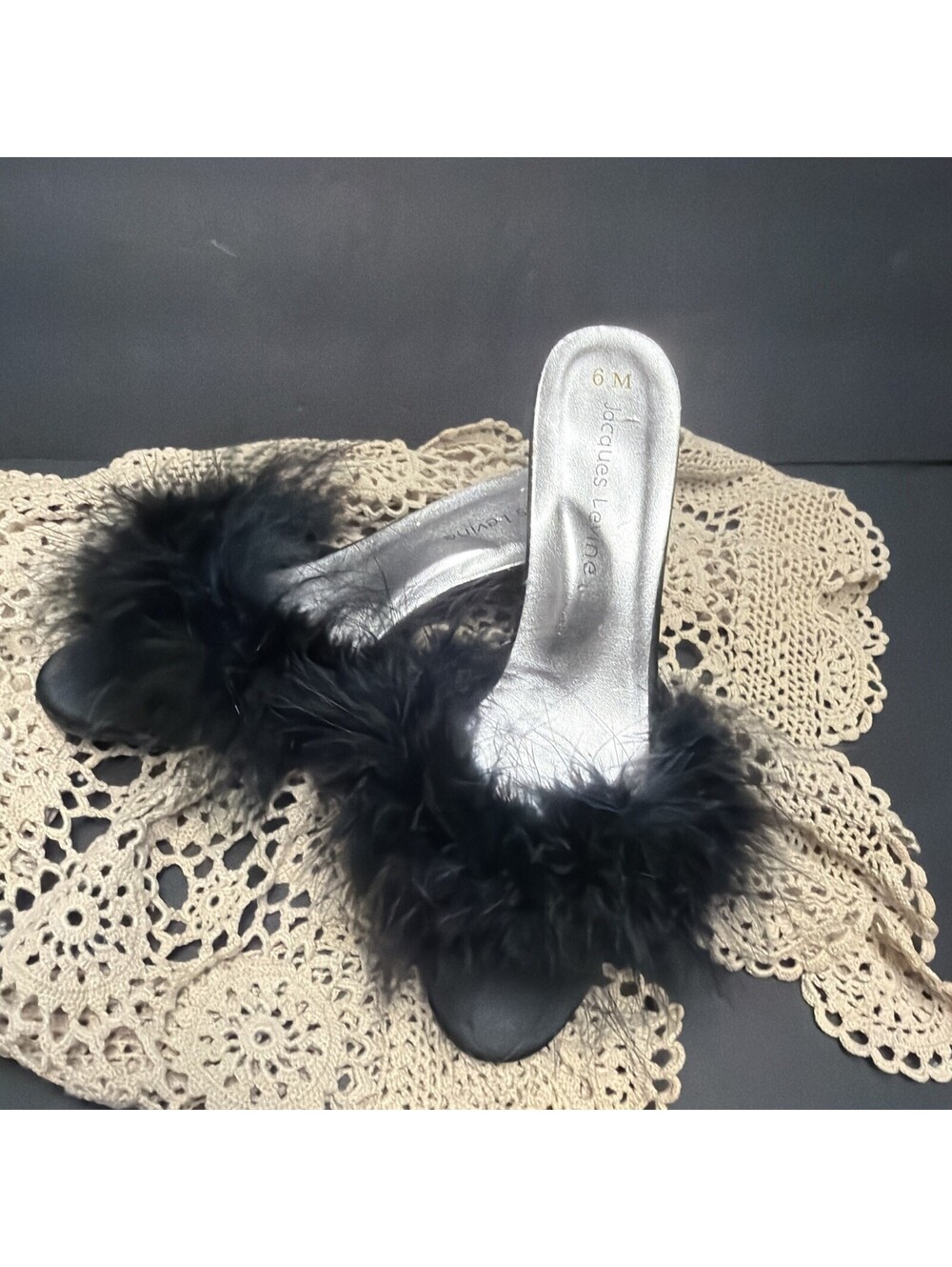 VTG Black Marabou Feather Mule Heels Jacque Levine Kitten Fluffy Sexy Sz 6
